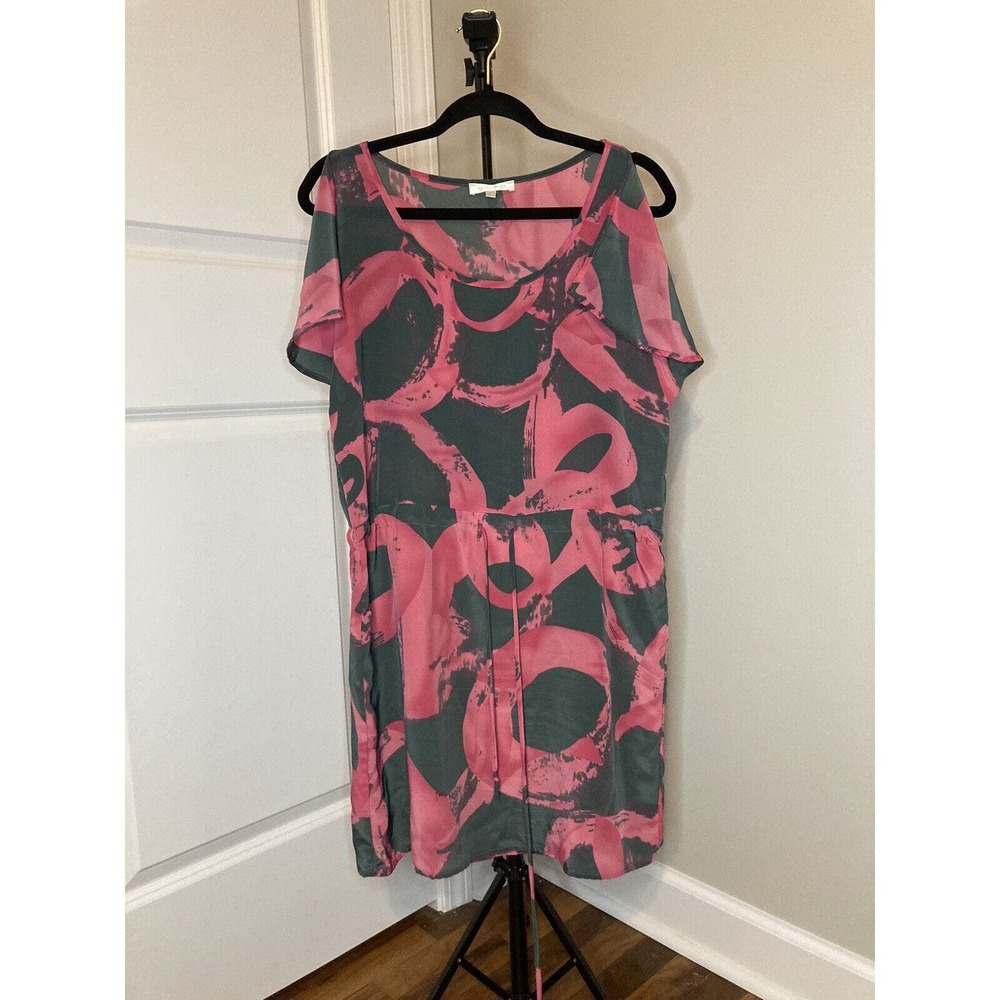 GLAM Womens Mini Summer Dress Pink Black Split Sleeve Tie Waist Size Medium